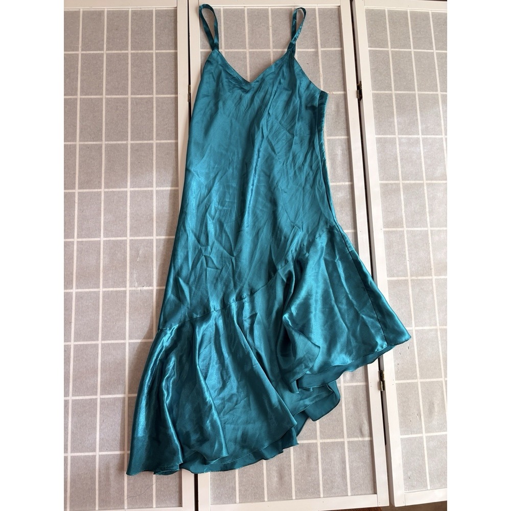 VTG 90s Victoria's Secret Emerald Satin Slip Midi Dress Sz M Fairy Asymmetrical - Picture 6 of 7